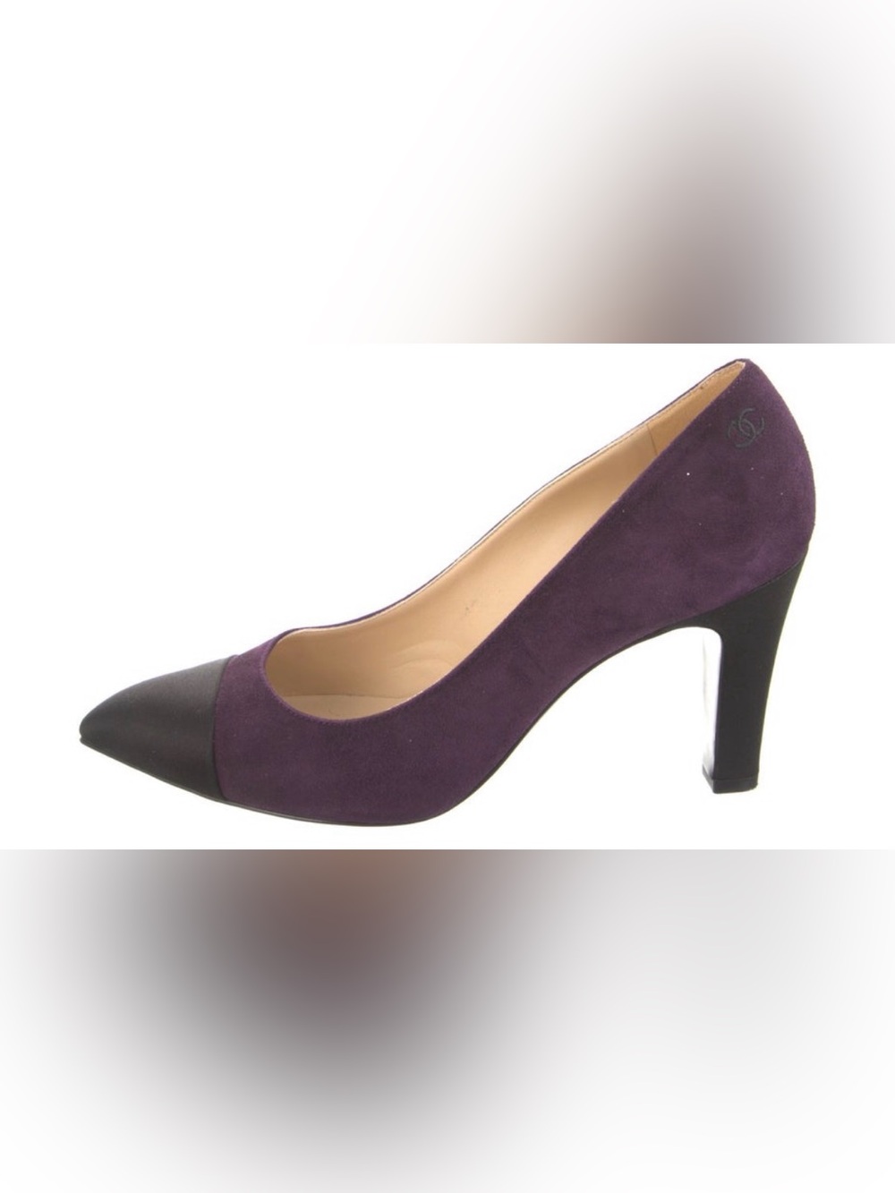 CHANEL Purple Suede Pointed Toe Pump with Black Cap